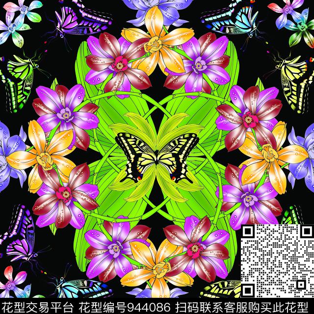 花卉蝴蝶方巾数码印花华亿平台下载（图片编号: 944086） - 瓦栏（Walan）