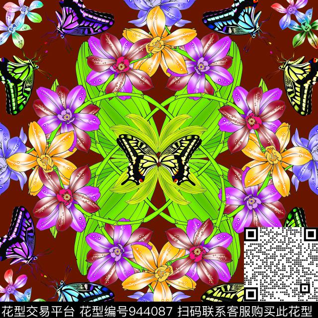 花卉蝴蝶方巾数码印花华亿平台下载（图片编号: 944087） - 瓦栏（Walan）
