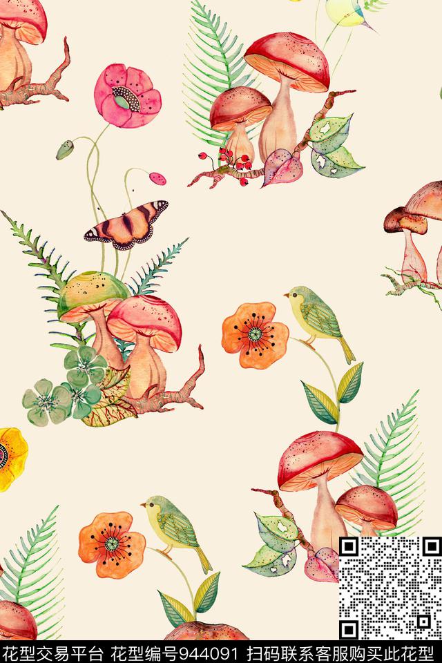 花卉蝴蝶蘑菇数码印花华亿平台下载（图片编号: 944091） - 瓦栏（Walan）