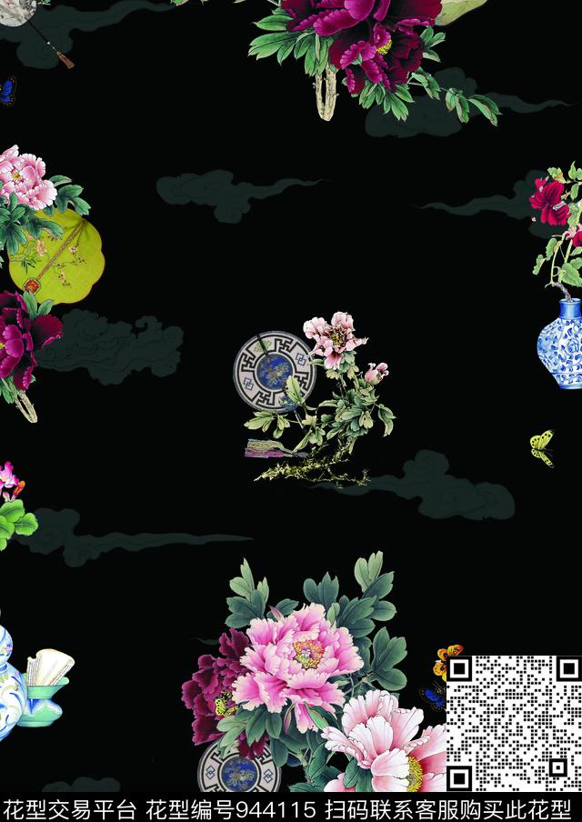 中国风手绘花卉团扇数码印花华亿平台下载（图片编号: 944115） - 瓦栏（Walan）