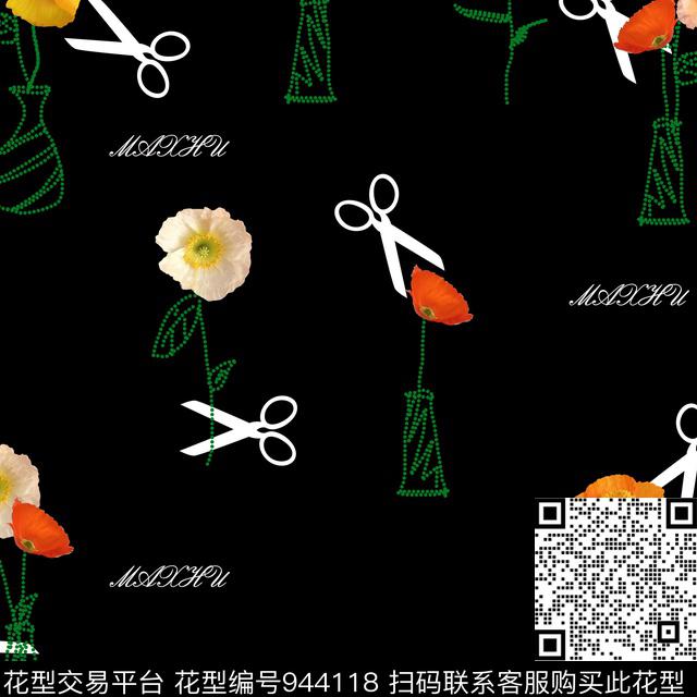 趣味手绘花卉清爽底花卉数码印花华亿平台下载（图片编号: 944118） - 瓦栏（Walan）