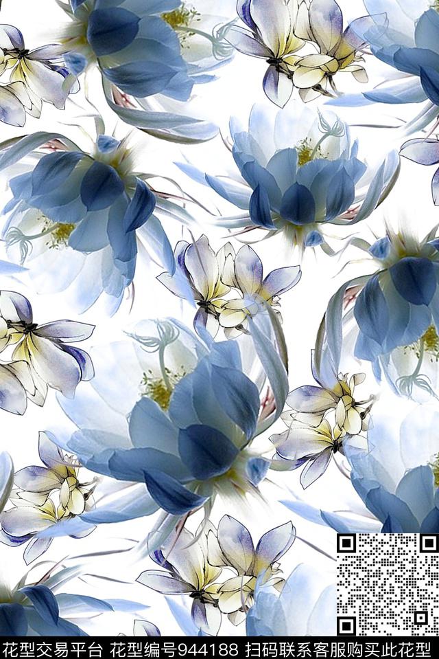 朦胧花卉写意手绘大花数码印花华亿平台下载（图片编号: 944188） - 瓦栏（Walan）