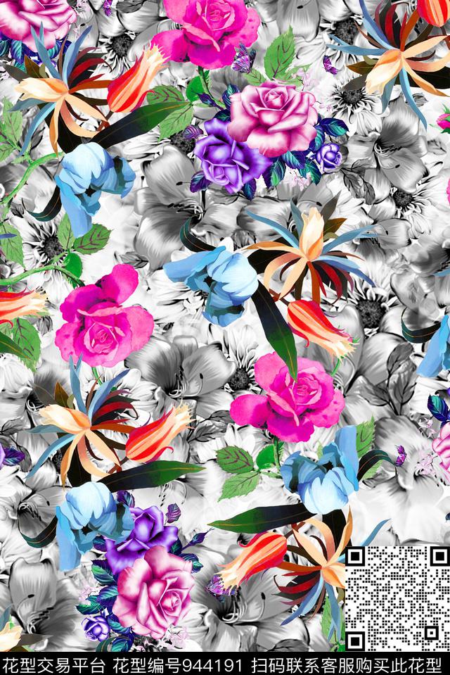 水彩花卉花开富贵数码印花华亿平台下载（图片编号: 944191） - 瓦栏（Walan）