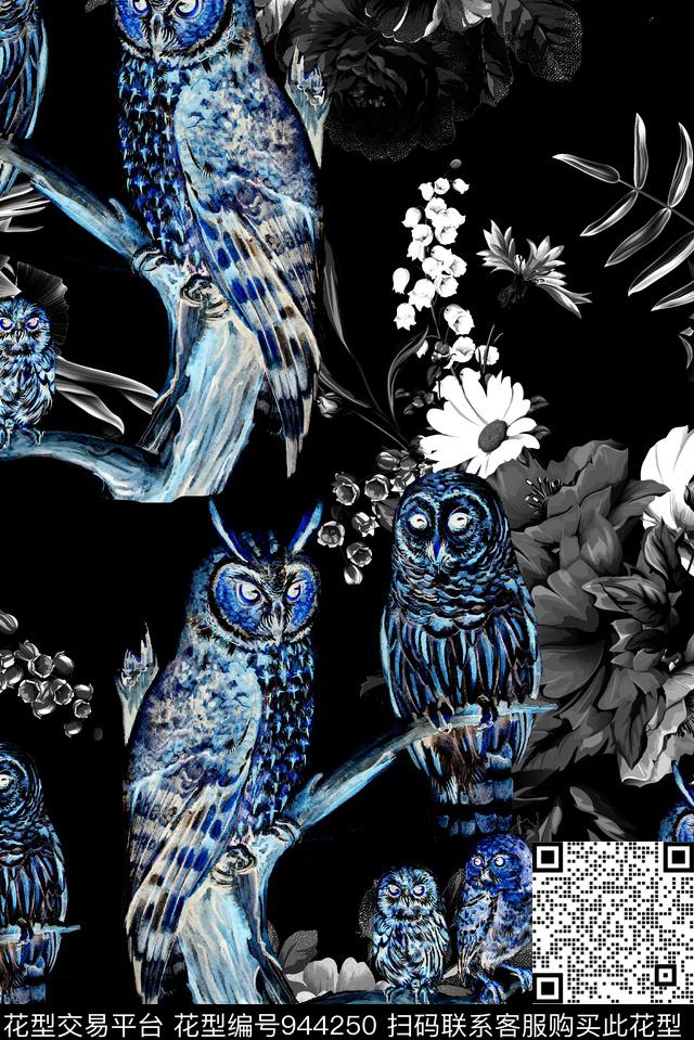 动物花卉花鸟黑白艺术数码印花华亿平台下载（图片编号: 944250） - 瓦栏（Walan）