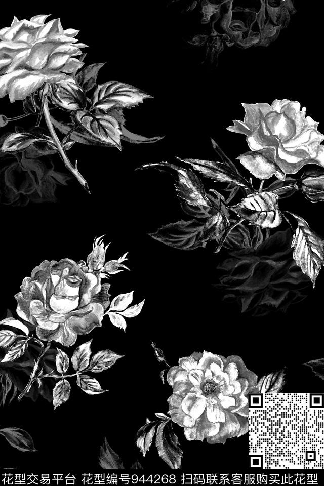 朦胧花卉黑白华亿平台拔印数码印花华亿平台下载（图片编号: 944268） - 瓦栏（Walan）
