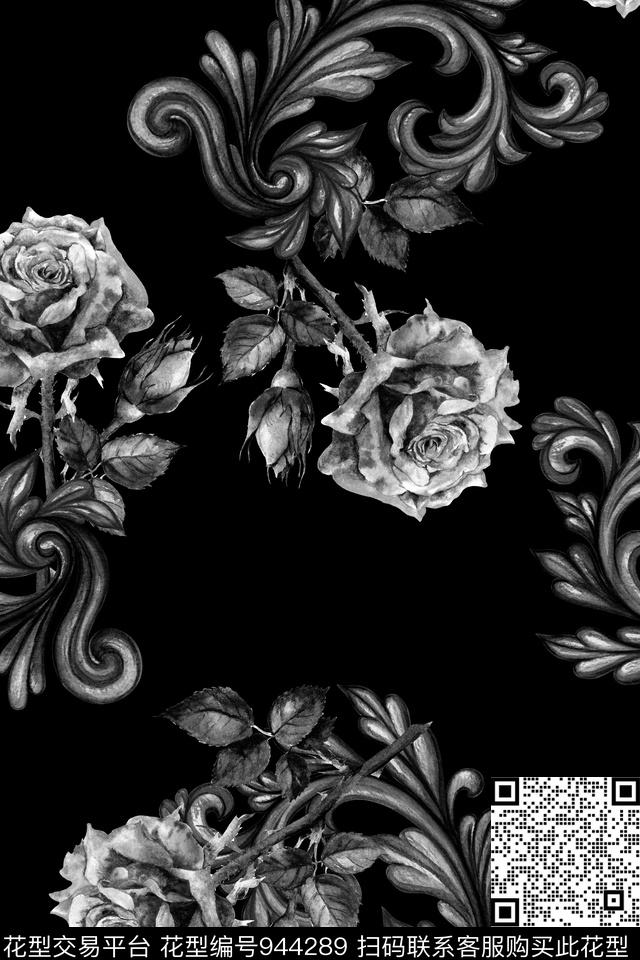 朦胧花卉黑白华亿平台拔印数码印花华亿平台下载（图片编号: 944289） - 瓦栏（Walan）