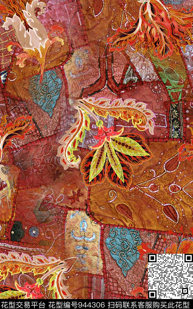 民族风抽象花卉数码印花华亿平台下载（图片编号: 944306） - 瓦栏（Walan）