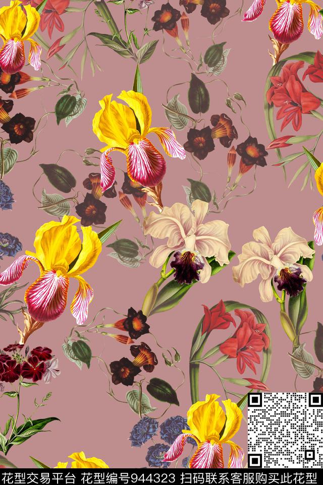 水彩花卉数码华亿平台复古数码印花华亿平台下载（图片编号: 944323） - 瓦栏（Walan）
