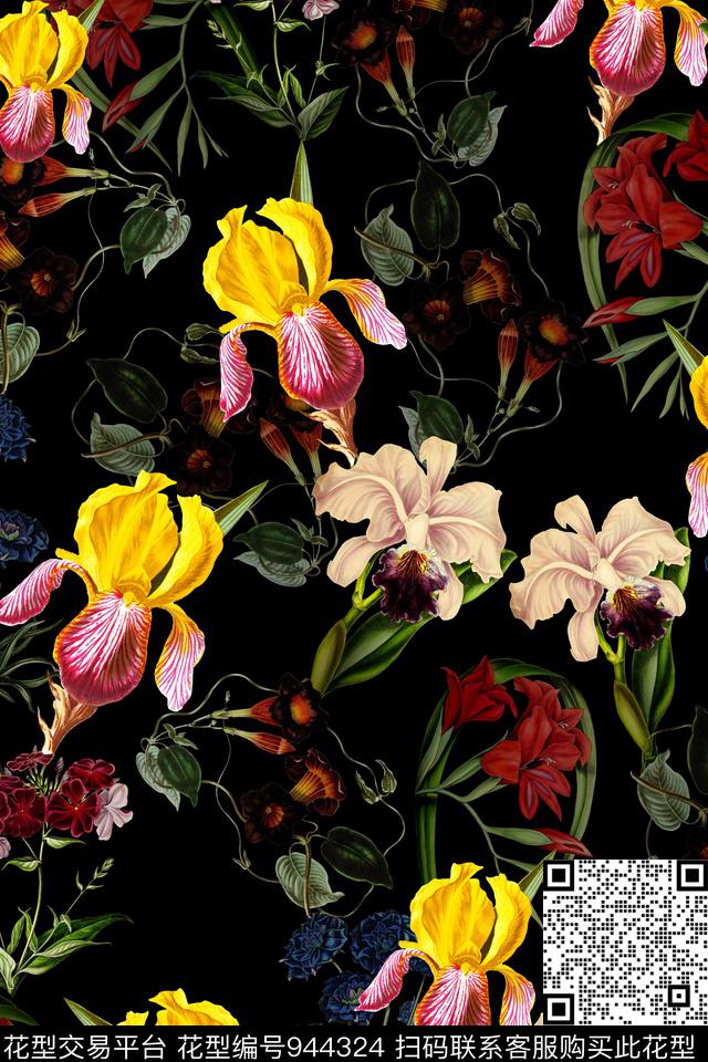 水彩花卉数码华亿平台复古数码印花华亿平台下载（图片编号: 944324） - 瓦栏（Walan）
