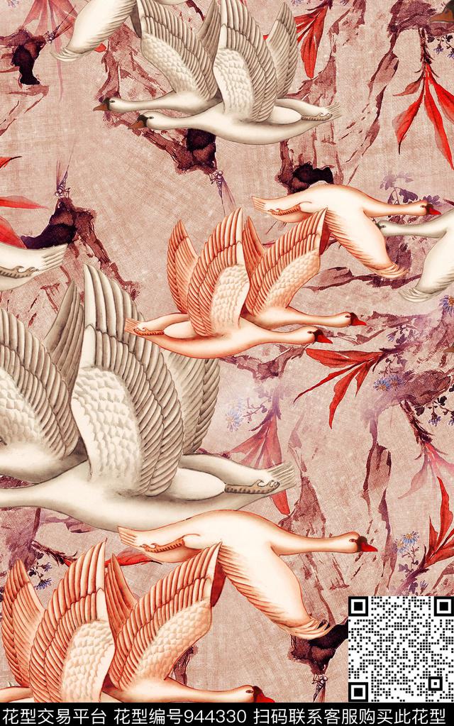 中国风水墨风花卉数码印花华亿平台下载（图片编号: 944330） - 瓦栏（Walan）