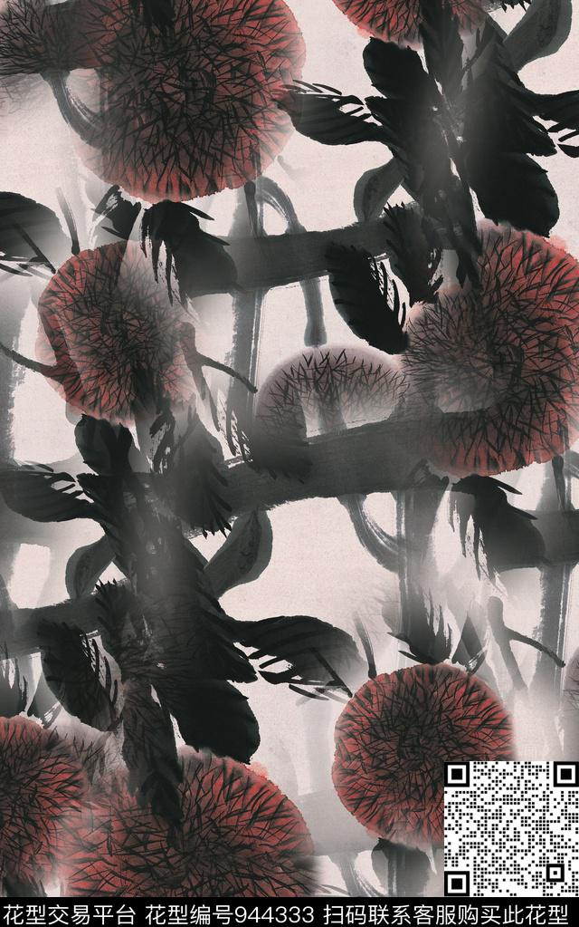 中国风水墨风花卉数码印花华亿平台下载（图片编号: 944333） - 瓦栏（Walan）