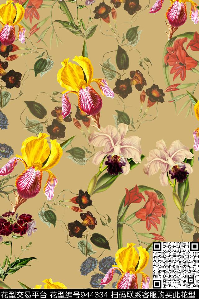 水彩花卉数码华亿平台复古数码印花华亿平台下载（图片编号: 944334） - 瓦栏（Walan）