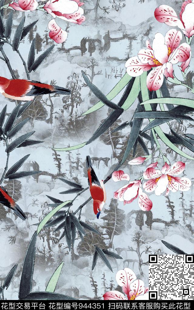 中国风水墨风花卉数码印花华亿平台下载（图片编号: 944351） - 瓦栏（Walan）