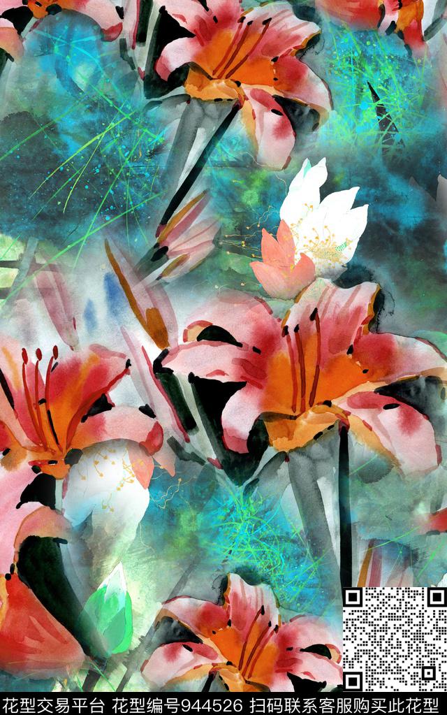 花卉手绘花卉中国风数码印花华亿平台下载（图片编号: 944526） - 瓦栏（Walan）