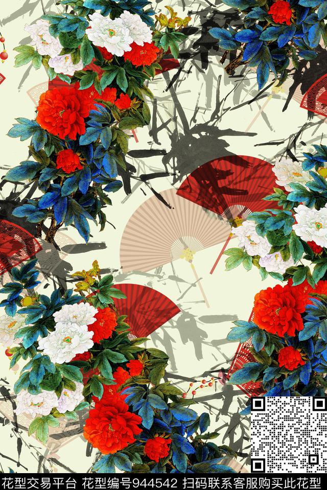 牡丹女装扇子数码印花华亿平台下载（图片编号: 944542） - 瓦栏（Walan）
