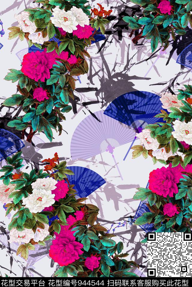 牡丹女装扇子数码印花华亿平台下载（图片编号: 944544） - 瓦栏（Walan）