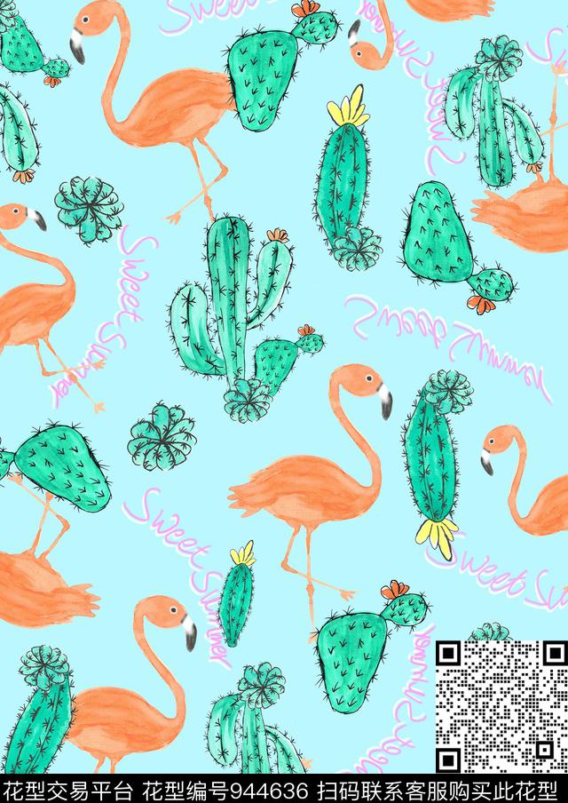 仙人掌火烈鸟时尚童装数码印花华亿平台下载（图片编号: 944636） - 瓦栏（Walan）