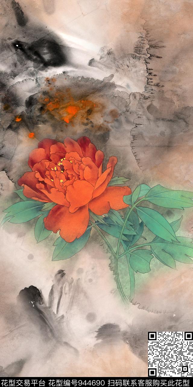 水墨风旗袍复古数码印花华亿平台下载（图片编号: 944690） - 瓦栏（Walan）