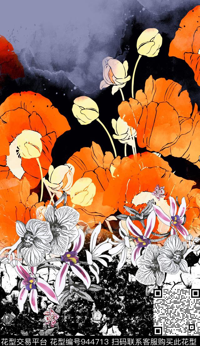 胸前独幅数码华亿平台花卉数码印花华亿平台下载（图片编号: 944713） - 瓦栏（Walan）