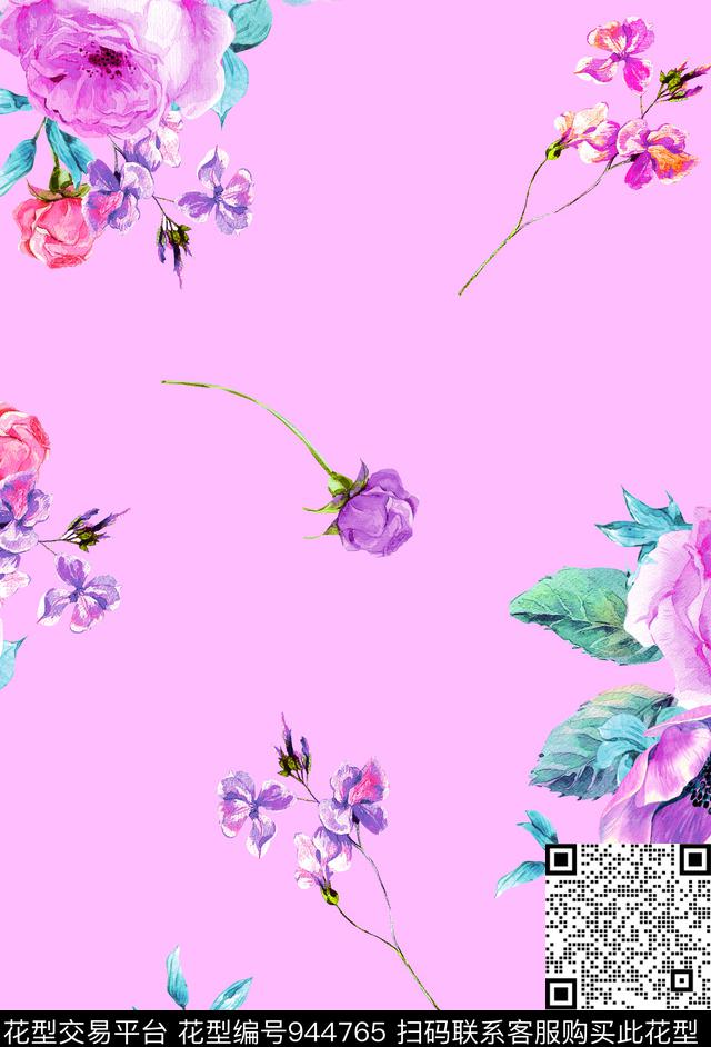 月季花手绘花卉玫瑰花数码印花华亿平台下载（图片编号: 944765） - 瓦栏（Walan）