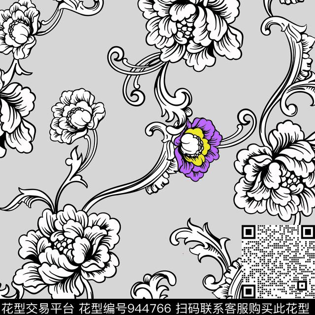 月季花手绘花卉牡丹数码印花华亿平台下载（图片编号: 944766） - 瓦栏（Walan）