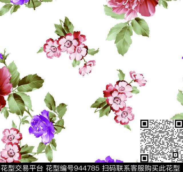 月季花手绘花卉玫瑰花数码印花华亿平台下载（图片编号: 944785） - 瓦栏（Walan）