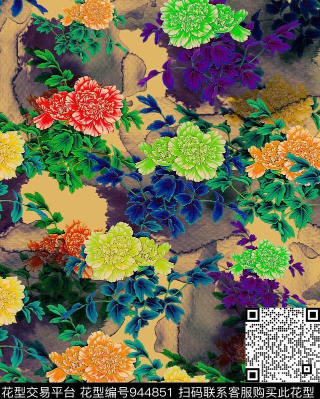 牡丹花卉国画数码印花华亿平台下载（图片编号: 944851） - 瓦栏（Walan）