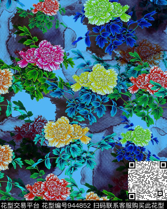 牡丹花卉国画数码印花华亿平台下载（图片编号: 944852） - 瓦栏（Walan）