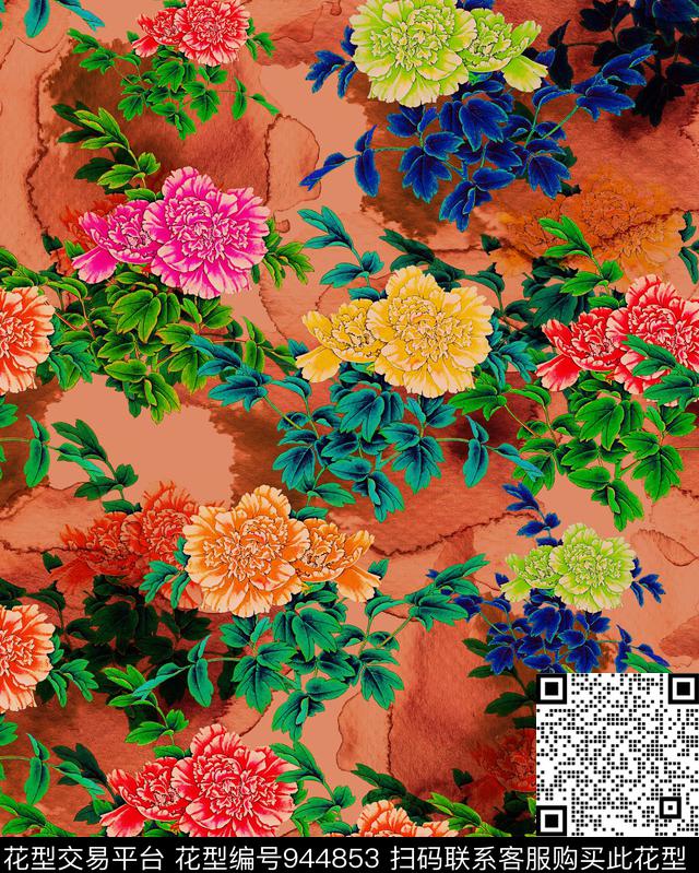 牡丹花卉国画数码印花华亿平台下载（图片编号: 944853） - 瓦栏（Walan）