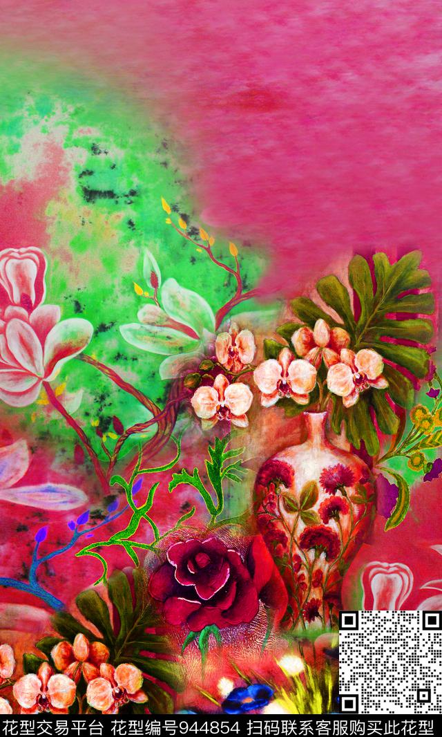 玉兰花花瓶花卉数码印花华亿平台下载（图片编号: 944854） - 瓦栏（Walan）