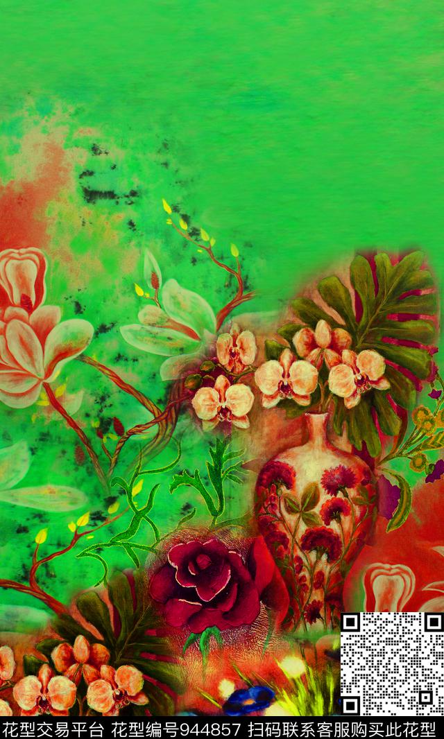玉兰花花瓶花卉数码印花华亿平台下载（图片编号: 944857） - 瓦栏（Walan）