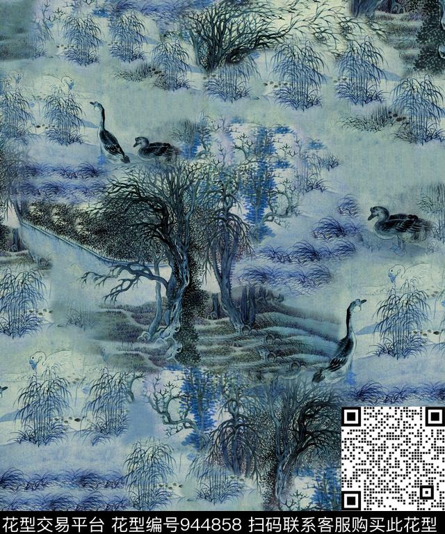 鸭子动物水墨风数码印花华亿平台下载（图片编号: 944858） - 瓦栏（Walan）