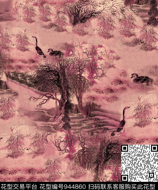 鸭子动物水墨风数码印花华亿平台下载（图片编号: 944860） - 瓦栏（Walan）