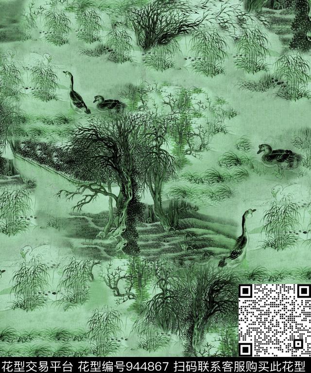 鸭子动物水墨风数码印花华亿平台下载（图片编号: 944867） - 瓦栏（Walan）