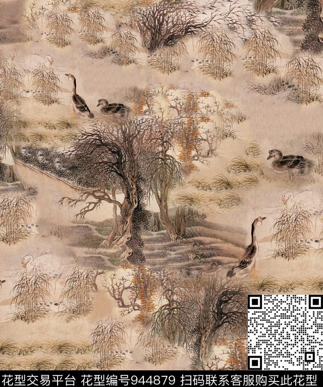 鸭子动物水墨风数码印花华亿平台下载（图片编号: 944879） - 瓦栏（Walan）