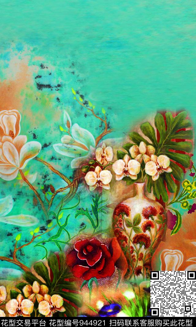 玉兰花花瓶花卉数码印花华亿平台下载（图片编号: 944921） - 瓦栏（Walan）
