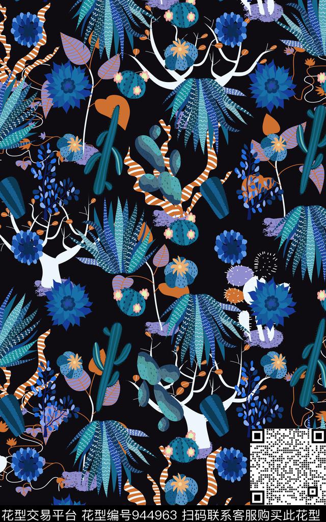黑底花卉秋冬华亿平台植物数码印花华亿平台下载（图片编号: 944963） - 瓦栏（Walan）