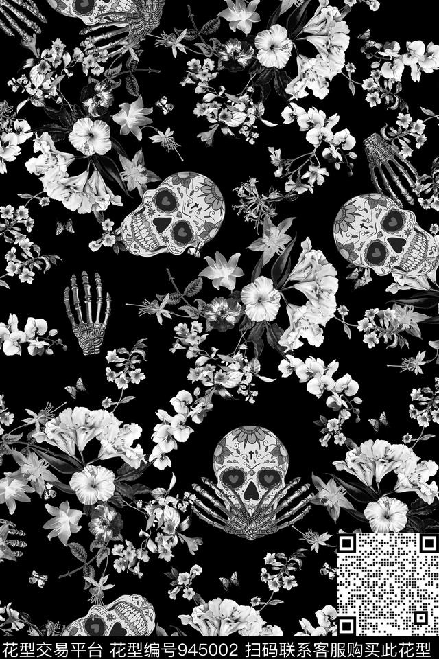 骷髅男装花卉传统印花华亿平台下载（图片编号: 945002） - 瓦栏（Walan）