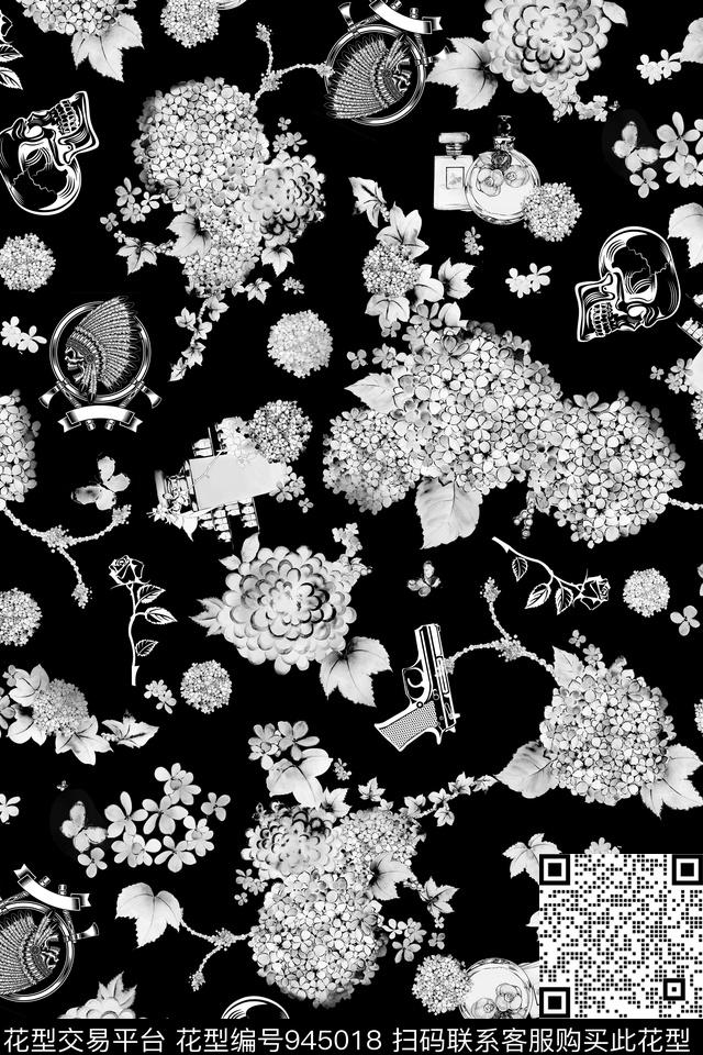 骷髅男装花卉传统印花华亿平台下载（图片编号: 945018） - 瓦栏（Walan）