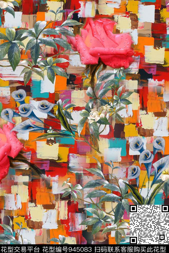 肌理格子花卉数码印花华亿平台下载（图片编号: 945083） - 瓦栏（Walan）