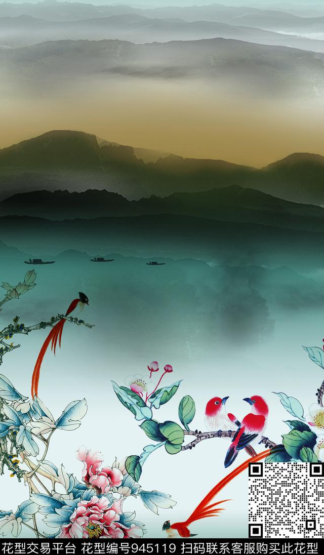 牡丹定位花花鸟数码印花华亿平台下载（图片编号: 945119） - 瓦栏（Walan）