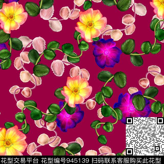 大花花卉油画华亿平台数码印花华亿平台下载（图片编号: 945139） - 瓦栏（Walan）