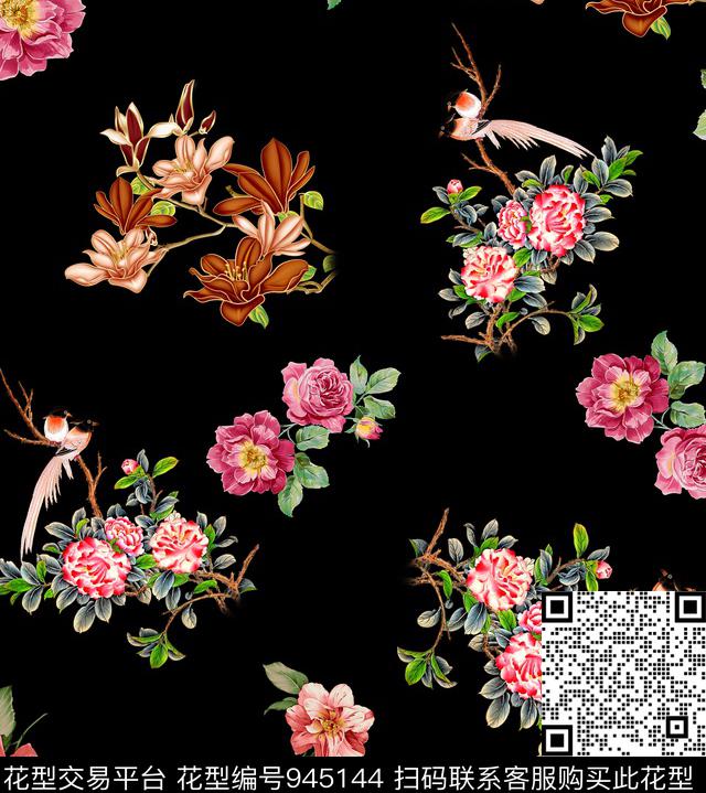 玉兰花手绘花卉花鸟数码印花华亿平台下载（图片编号: 945144） - 瓦栏（Walan）