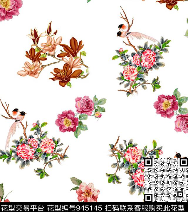 玉兰花手绘花卉花鸟数码印花华亿平台下载（图片编号: 945145） - 瓦栏（Walan）