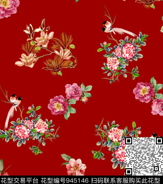 玉兰花手绘花卉花鸟数码印花华亿平台下载（图片编号: 945146） - 瓦栏（Walan）