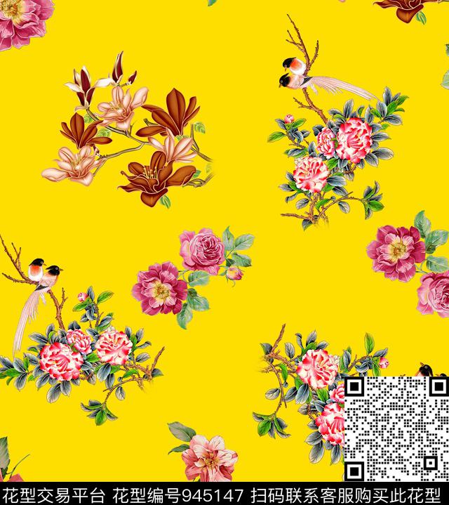 玉兰花手绘花卉花鸟数码印花华亿平台下载（图片编号: 945147） - 瓦栏（Walan）