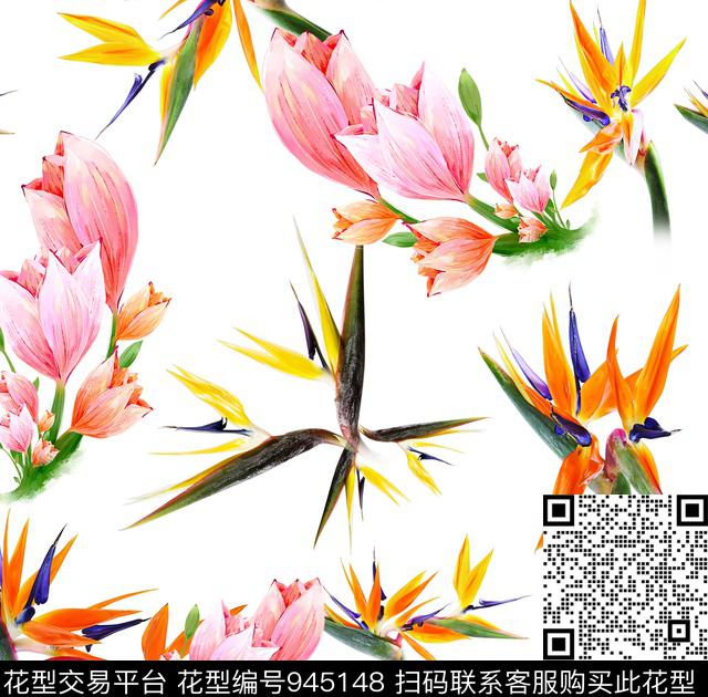 手绘花卉花卉天堂鸟数码印花华亿平台下载（图片编号: 945148） - 瓦栏（Walan）