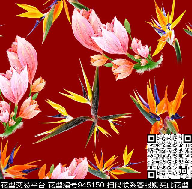 手绘花卉花卉天堂鸟数码印花华亿平台下载（图片编号: 945150） - 瓦栏（Walan）