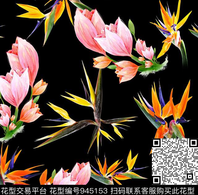 手绘花卉花卉天堂鸟数码印花华亿平台下载（图片编号: 945153） - 瓦栏（Walan）