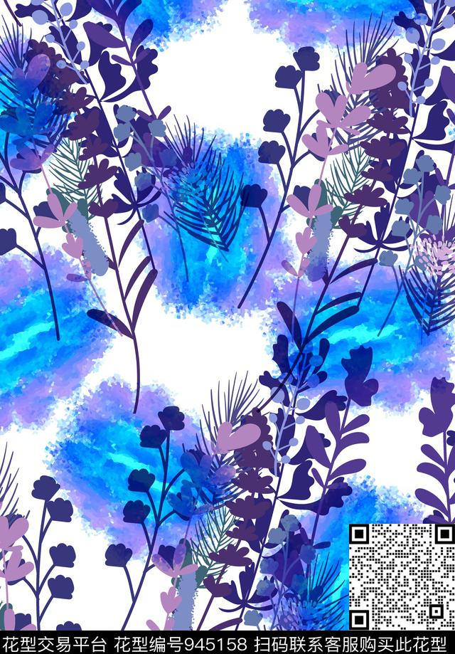 抽象水墨风水彩花卉数码印花华亿平台下载（图片编号: 945158） - 瓦栏（Walan）